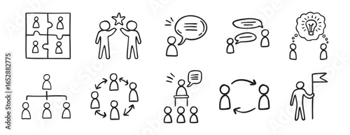meeting team icon work team doodle hand drawn icon set. Outline drawing line clipart symbol collection