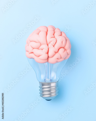 Creative representation of brain designed as light bulb, showcasing pastel blue background. This unique concept symbolizes intelligence