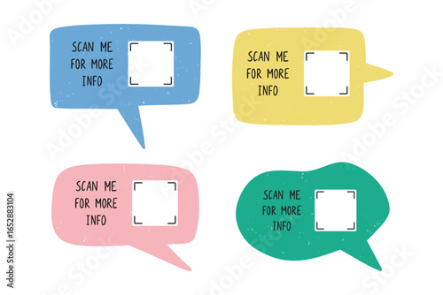 Textured doodle speech bubble with space for QR code and scan me text. Hand drawn vector element grunge cute effect frame.