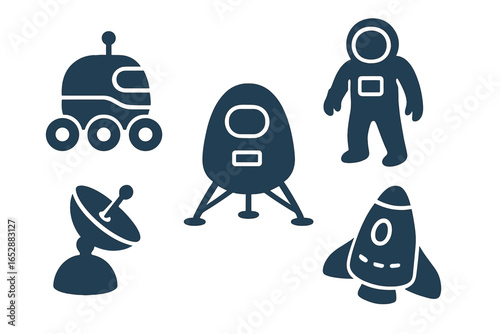Collection of stylized space exploration icons including a rover, astronaut, rocket, lander, and satellite dish against a dark, subtly striped background with a blue glow effect.