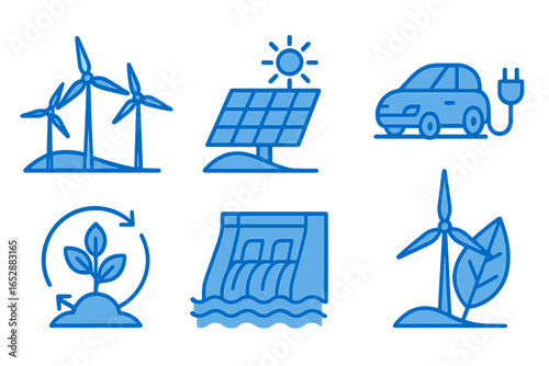 Collection of glowing blue neon icons representing renewable energy sources and sustainable practices, including wind turbines, solar panels, electric car, and hydroelectric dam, set against a dark b