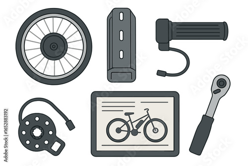 Collection of electric bicycle components and tools, including a wheel, battery pack, throttle grip, display screen showing an e-bike, and a ratchet wrench, presented in a clean, modern graphic style