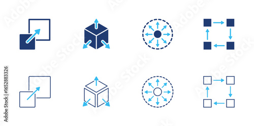 Scale up icon set. Containing growth arrow, cube expansion, circle distribution, and square extension icons. icon collection.