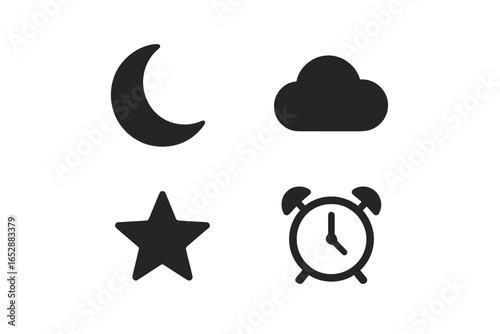 Four simple icons for night and sleep: a crescent moon, a star, a cloud, and an alarm clock, displayed on a dark gradient background with a subtle embossed effect, perfect for conveying themes of res