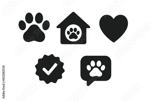 Five dark gray icons symbolizing pet care and affection: a paw print, a house with a paw print, a heart, a checkmark in a starburst, and a paw print in a speech bubble, all set against a dark backgro
