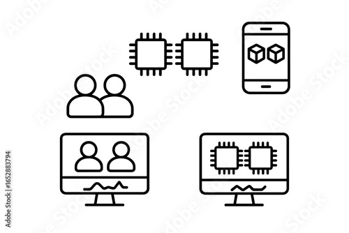 Collection of modern technology icons representing digital communication, data processing, and virtual collaboration with stylized human figures and computer chips on a transparent background.