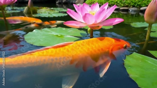 Pond with pink lotus and koi fish swimming around, pink lotus surrounded by koi fish in a reflective pond