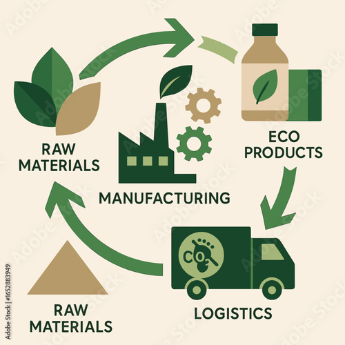 Sustainable manufacturing process illustration featuring raw materials, eco products, and logistics