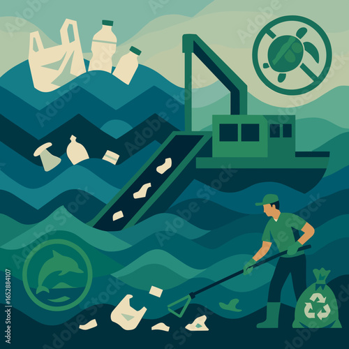 Marine pollution cleanup illustration featuring a worker collecting waste and eco-friendly symbols