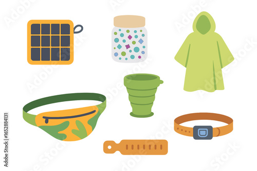 Collection of outdoor adventure and camping essentials, including a solar charger, fanny pack, collapsible cup, poncho, and wristband, presented with a glowing effect.