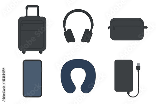 Collection of modern travel accessories and gadgets, including a suitcase, headphones, toiletry bag, smartphone, neck pillow, and power bank, presented in a minimalist flat design style with a dark,
