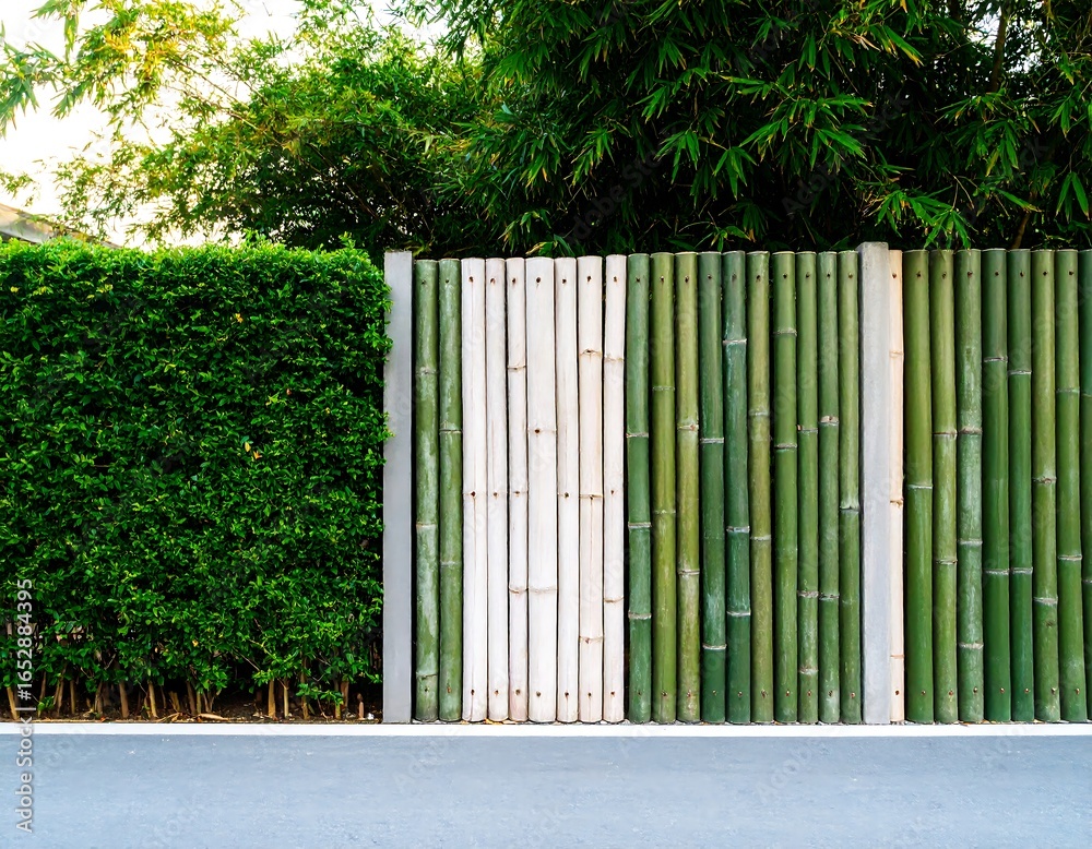 Naklejka premium A garden fence with bamboo and shrubs