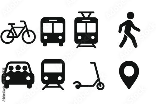 Collection of modern transportation icons including a bicycle, bus, tram, car, scooter, pedestrian, and location pin, representing urban mobility and travel options.