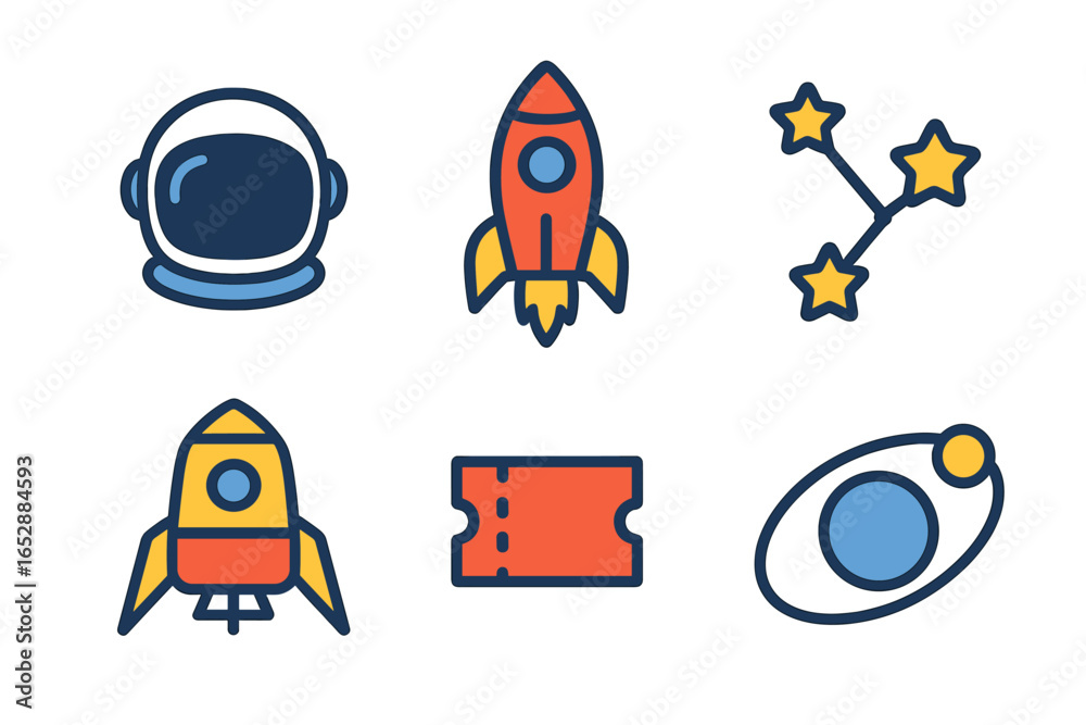Fototapeta premium Vibrant Collection of Space-Themed Icons: Astronaut Helmet, Rockets, Star Constellation, Ticket, and Planet Orbiting Star on a Glowing Dark Background