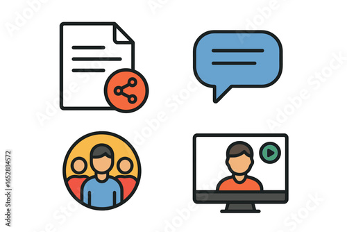 Four Flat Design Icons for Communication, Sharing, Teamwork, and Online Video Conferencing, Showcased on a Dark Background with Subtle Lighting Effects for a Modern Visual Appeal.