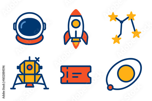 Vibrant collection of cosmic icons with glowing neon outlines: rocket, astronaut helmet, lunar lander, constellation, ticket, and planet with moon, set against a dark, atmospheric background.