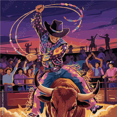 Colorful vector artwork illustration of a cowboy performs daring tricks at a rodeo