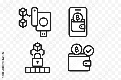 Blockchain Technology and Digital Currency Security Icons: Featuring Hardware Wallets, Digital Wallets with Bitcoin Symbols, Secure Data Storage, and Verified Crypto Payments, Presented as a Vector I