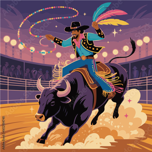 Colorful vector artwork illustration of a cowboy performs daring tricks at a rodeo