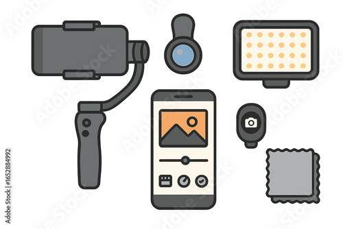 Modern Mobile Photography and Videography Accessories Set: Gimbal, Clip-On Lens, LED Light, Remote Shutter, Cleaning Cloth, and Smartphone with Editing Interface on Dark Background