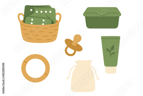 Essential baby care collection featuring cloth diapers in a basket, a pacifier, a reusable container, a drawstring bag, and natural baby lotion, perfect for eco-conscious parents and newborns.