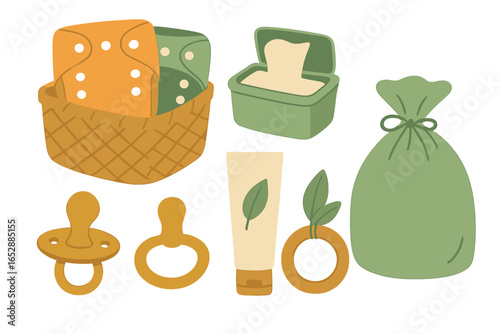 Minimalist vector illustration of essential baby care items: diapers, pacifiers, wipes, cream, and a bag for soiled items, set against a warm gradient background for a cheerful, clean presentation.