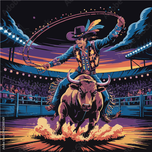 Colorful vector artwork illustration of a cowboy performs daring tricks at a rodeo