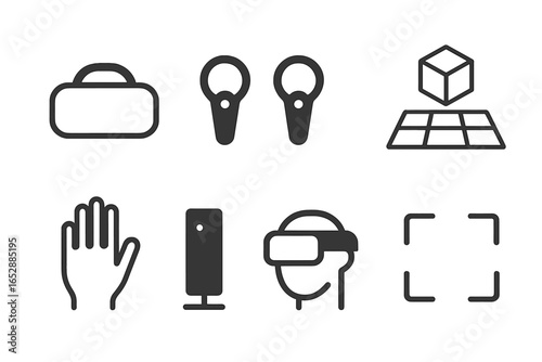 Minimalist outline icons for virtual and augmented reality technologies, featuring gaming controllers, futuristic headsets, tracking sensors, and digital spaces, presented elegantly on a dark backgro