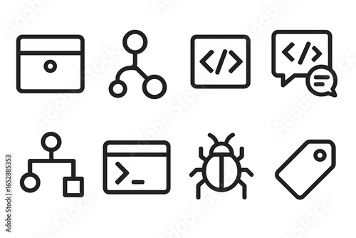 Modern vector illustration showcasing outlined icons for technology and software development, covering essential aspects of coding, debugging, organization, and communication within today's digital l
