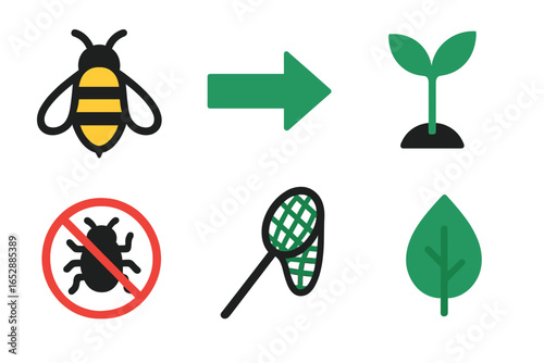 Diverse Icons for Agriculture and Ecology: Featuring Beneficial Insects, Pest Control, and Plant Growth with Progress Indicators and Glowing Effects on a Dark Backdrop