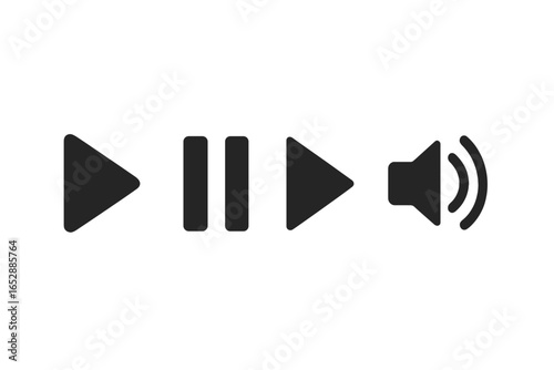 Collection of minimalist music player control icons including play, pause, and volume symbols, presented on a dark gray gradient background with subtle shadows for depth and visual appeal.