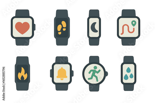 Collection of eight smart watch icons displaying various health and fitness tracking features, including heart rate, steps, sleep, navigation, calories, notifications, running, and hydration.