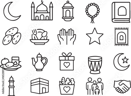 Ramadan Line Icons Set Vector Mosque, Crescent Moon, Lantern, Quran, Dates, Prayer, Islamic Holiday, Fasting, Festival Symbols