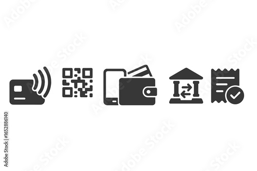 Modern financial transactions with icons: contactless payment, QR code scanning, mobile wallet, bank transfer, and receipt confirmation, illustrating digital payment methods and fintech concepts.