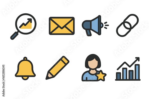 Modern Flat Design Icons for Web & Mobile Apps: Essential Business, Marketing Concepts - Analytics, Communication, User Engagement - Sleek, Stylized Aesthetic for Digital Interfaces