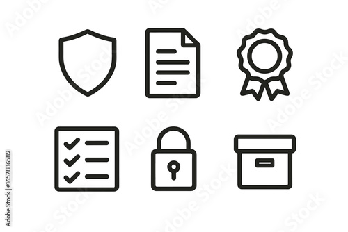 A curated collection of six minimalist line icons symbolizing security, important documents, achievements, task completion, and digital data storage, artfully arranged on a soft, textured backdrop wi
