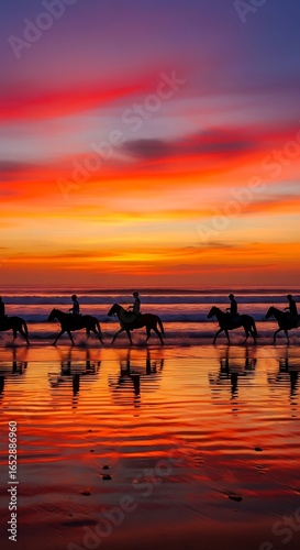 Majestic Horses Gallop on a Vibrant Beach Sunset.