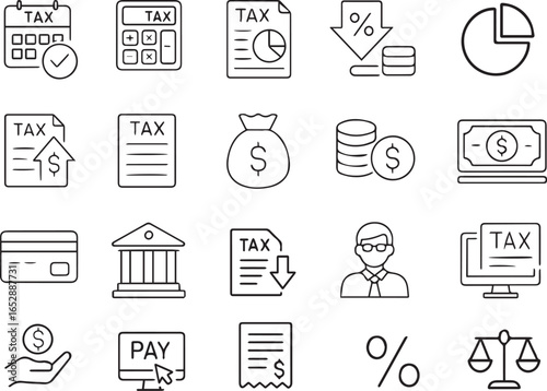 Taxation Line Icons Set Vector Tax Deadline, Calculation, Refund, Payment, Deduction, Finance, Accounting, Business Symbols