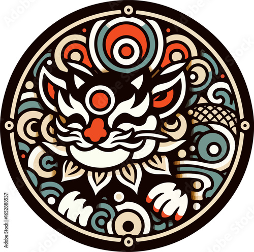 Vector illustration design image sketch icon logo symbol cat head with details accessories decoration ethnic classic vintage traditional abstract modern 