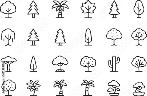 Tree Species Line Icons Set Vector Oak, Pine, Palm, Maple, Willow, Birch, Cedar, Sequoia, Fruit, Botanical, Nature Symbols