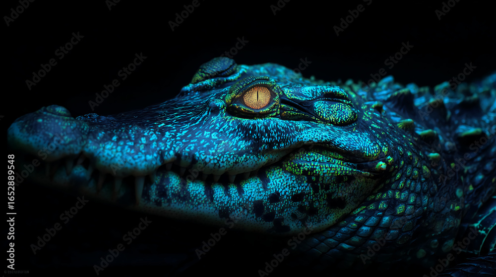 Fototapeta premium Mesmerizing Crocodile Close-Up: Vibrant Scales & Glowing Eyes