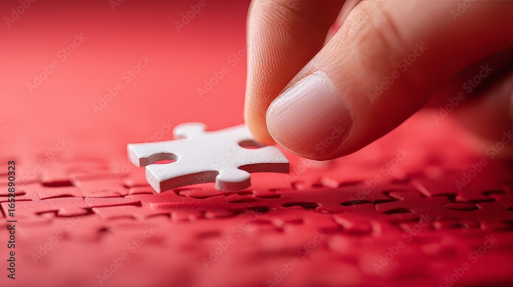 Obraz premium Human Hand Aligning Final Puzzle Part on Red Surface Showing Connection, Accuracy, and Precision