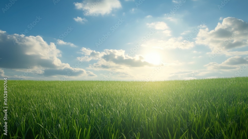 Obraz premium Lush Green Grass Under a Bright Blue Sky and Fluffy White Clouds
