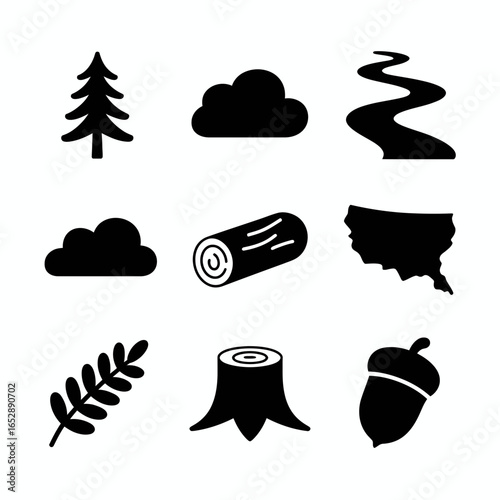 Collection of nature and forest icons silhouette isolated on white background