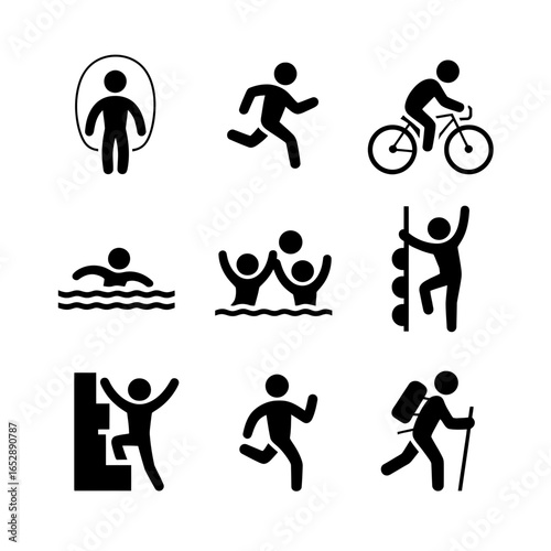 Collection of silhouette icons representing diverse sports and activities isolated on white background silhouette