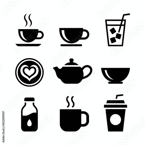 Collection of beverage and food icons including cups teapot drink and bottle isolated on white background silhouette