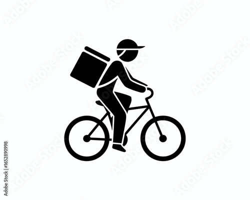 Delivery person on bicycle with insulated bag silhouette isolated on white background