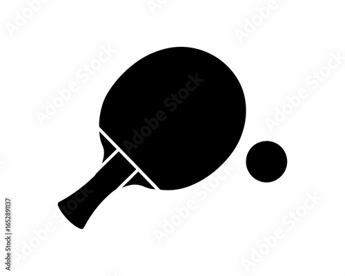 Black silhouette of a ping pong paddle and ball isolated on white background