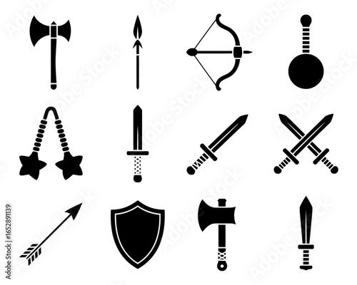 Collection of medieval weapon silhouettes including axes swords bows and shields isolated on white background