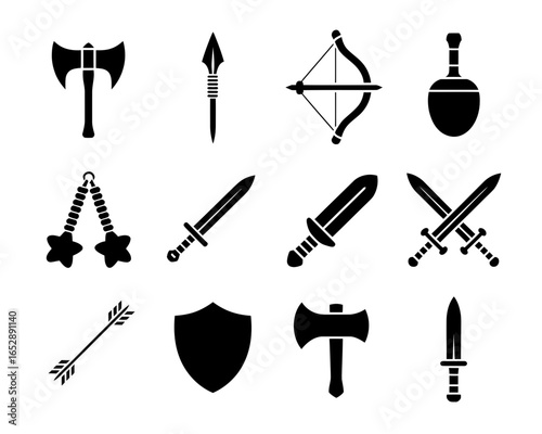 Collection of medieval weapon silhouettes isolated on white background